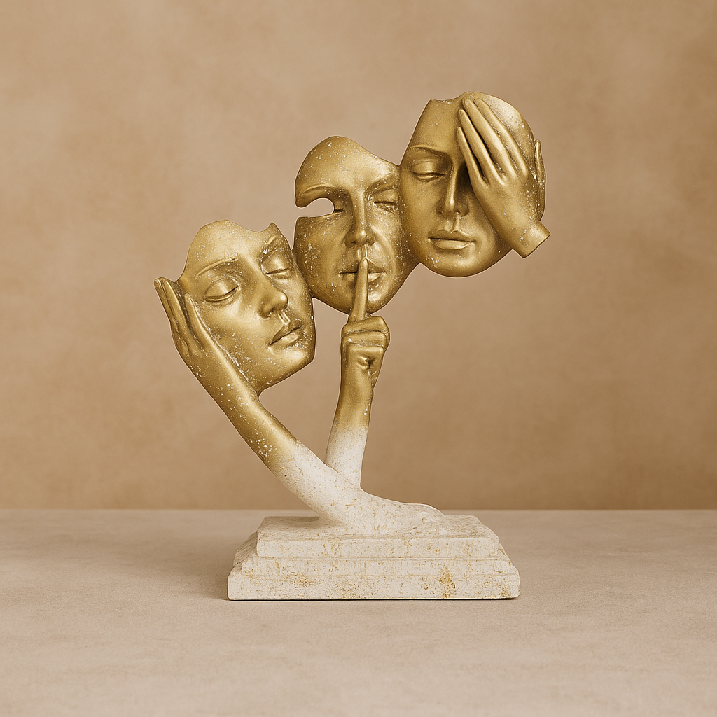 Golden Faces Sculpture: Mystical Reflection Decorative Art Piece for Modern Home
