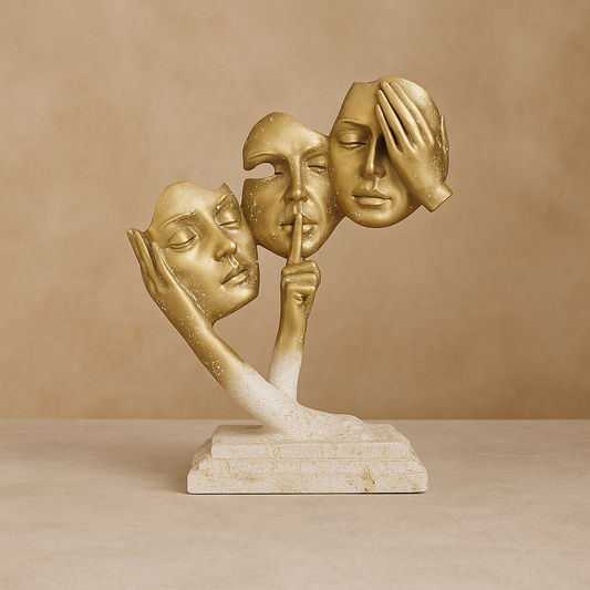 Golden Faces Sculpture: Mystical Reflection Decorative Art Piece for Modern Home